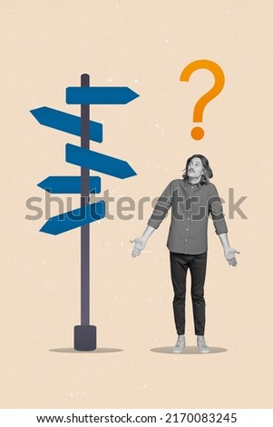 Vertical collage image of puzzled clueless guy black white gamma shrug shoulders choose direction big question mark symbol Royalty-Free Stock Photo #2170083245