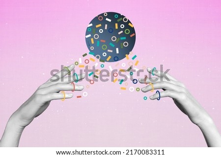 Zine unusual collage banner of two human palms catch geometry shape crypto earnings isolated pastel color background Royalty-Free Stock Photo #2170083311