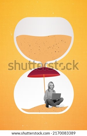 Vertical collage drawing image of woman sitting inside hour glass sand under parasol black white colors use wireless netbook