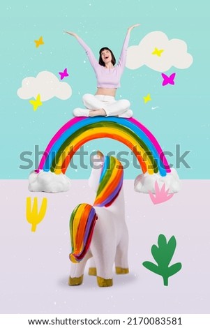 Creative banner collage of positive lady sit rainbow fantastic world with lovely unicorns isolated cartoon background