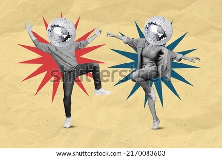 Collage image of two headless disco ball people with black white colof effect have fun dancing isolated on pastel painting background Royalty-Free Stock Photo #2170083603