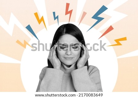 Creative image collage of black white filter lady rub forehead suffer terrible headache feeling like lightening strike Royalty-Free Stock Photo #2170083649