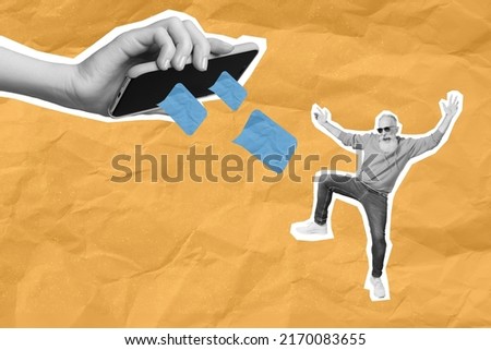 Collage image of big arm hold telephone flying message notifications excited granddad dancing isolated on crumpled paper background