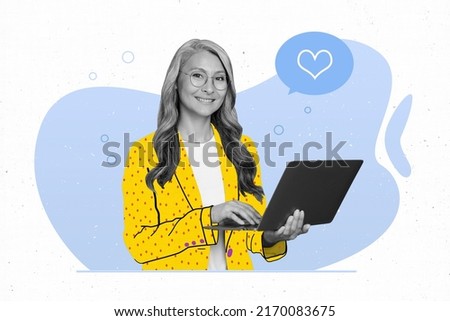 Composite collage image of aged lady smile hands hold use wireless netbook receive like notification comment