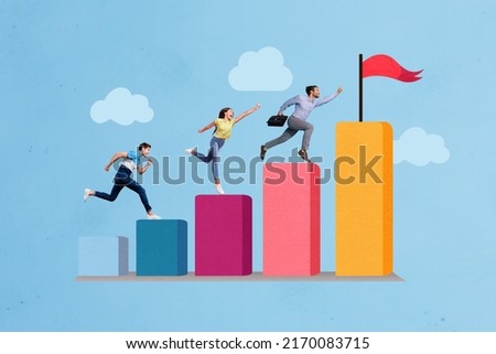 Composite collage picture of three people running climb success stairs development improvement painted cloud Royalty-Free Stock Photo #2170083715
