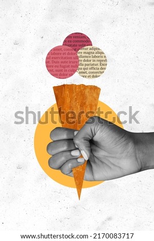 Composite collage image of black white color effect hand holding correspondence ice cream isolated on pastel drawing background