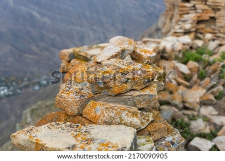 Ancient stones covered with lichen. Orange lichen on rocks.
