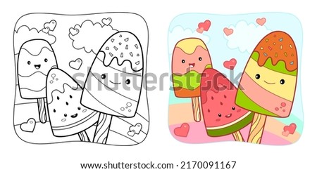 Coloring book or Coloring page for kids. Ice cream vector illustration clipart. Nature background.