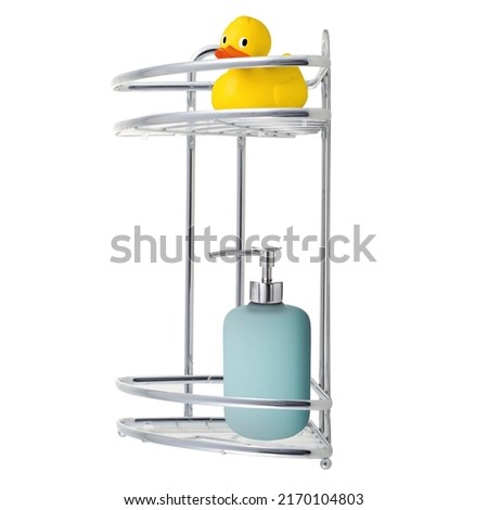 bathroom shelf with duck and dispenser on white background
