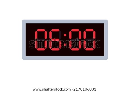 Vector flat illustration of a digital clock displaying 06.00 . Illustration of alarm with digital number design. Clock icon for hour, watch, alarm signs Royalty-Free Stock Photo #2170106001