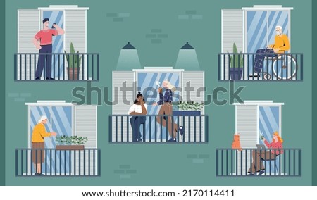People on balcony. Neighbors in big house communicate with each other. Daily activities and routine. Love for plants and pets, several generations of people resting. Cartoon flat vector illustration