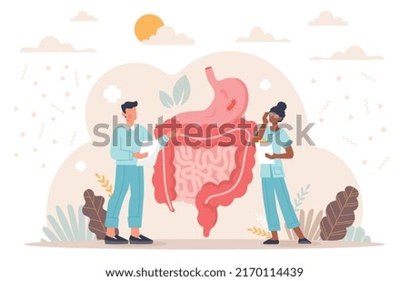 Concept of gastroenterology. Man and girl check stomach and intestines, doctors conduct scientific study. Specialists make diagnosis and choose treatment methods. Cartoon flat vector illustration Royalty-Free Stock Photo #2170114439