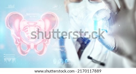 Doctor and Hologram, anterior ultrasound image of the male pelvis, sacrum. Anatomy, medicine, scientific concepts Royalty-Free Stock Photo #2170117889