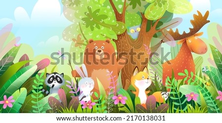 Forest animals cute colorful illustration for children. Bear, moose raccoon rabbit and fox in the wild forest, characters for kids. Vector animals in nature wallpaper for children.