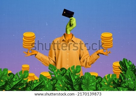 Creative drawing collage picture of person golden hands hold coins arm holding debit card instead head green leaves