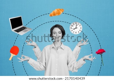 Creative collage image of calm girl black white gamma four hands meditate think different things isolated on drawing background