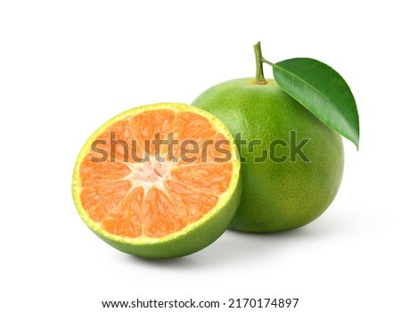 Tangerine orange with cut in half isolated on white background. Clipping path. Royalty-Free Stock Photo #2170174897