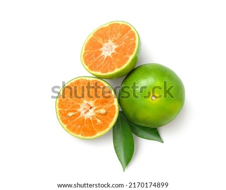 Flat lay of Tangerine orange with cut in half isolated on white background. Royalty-Free Stock Photo #2170174899