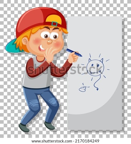 A young boy drawing on grid background illustration