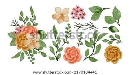 Large Botanical set of wild flowers. Set of Separate parts and bring together to beautiful bouquet of flowers in water colors style on white background, flat vector illustration
