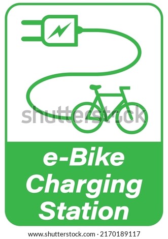 Electric bicycle charging station sign with text and silhouettes of electric plug and e-bike.