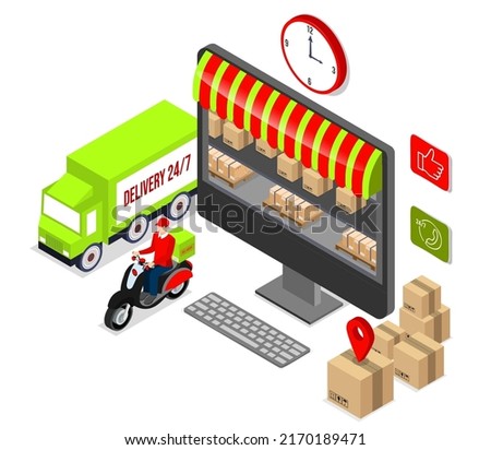 Application smartphone mobile and computer payments online transaction. Shopping online process on smartphone. Vecter cartoon illustration isometric design.