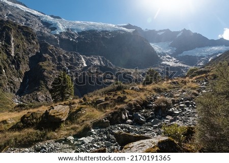 The Rob Roy Glacier on a bright, sunny, summer's day. Mount Aspiring National Park, Otago, South Island, New Zealand. Royalty-Free Stock Photo #2170191365