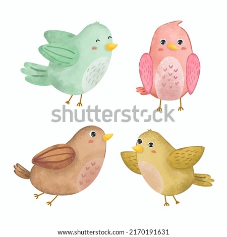 Set of adorable birds in various gesture and difference colors in watercolor painting style for graphic design postcard, vector illustration