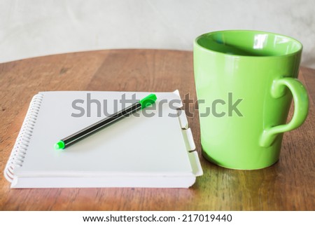 Set of work table with hot coffee, stock photo