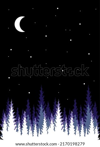Night illustration with moon and trees (firs). Sunlight, night.