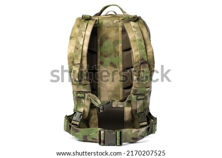 Military backpack isolated on a white background, close up