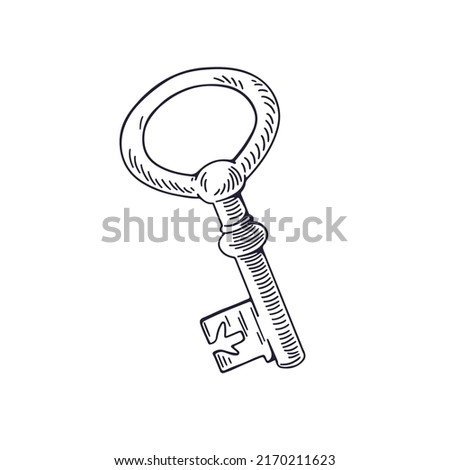 Door key, black and white outlined vintage drawing. Contoured etched locking item. Monochrome woodcut, engraving drawn in retro style. Isolated detailed handdrawn sketch vector illustration