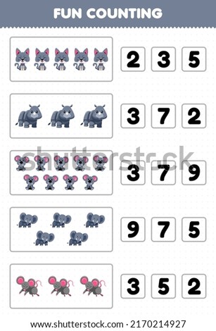 Education game for children fun counting and choosing the correct number of cute cartoon gray animal cat rhino koala elephant mouse printable worksheet