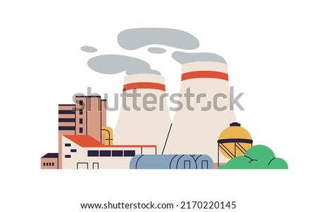 Nuclear power plant with towers, energy generators. Electric station building, powerhouse. Electricity generation industry. Flat vector illustration of abstract powerplant isolated on white background Royalty-Free Stock Photo #2170220145