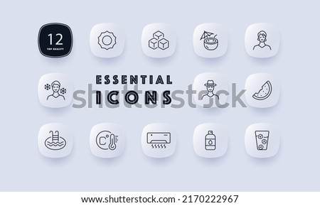 Summer rest set icon. Vacation, tourist, pool, cold, heat, spray, watermelon, air conditioner, lemonade, drink, ice. Relax concept. Neomorphism style. Vector line icon for Business and Advertising