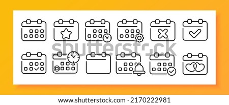 Calendar set icon. Clock, setting, gear, every day, tick, cross, anniversary, reminder, punctuality, bell, alarm clock. Date management concept. Vector line icon for Business and Advertising Royalty-Free Stock Photo #2170222981