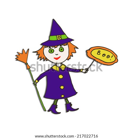 Illustration of little witch with a broom and a sign that says boo.