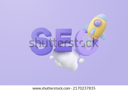 3D SEO optimization with rocket for marketing social media concept. 3d Interface for web analytics strategy and research planing in purple background. 3d seo strategy vector icon render illustration Royalty-Free Stock Photo #2170237835
