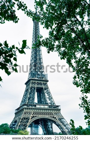 Eiffel Tower in the background with trees in the foreground in portrait format
