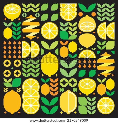 Abstract artwork of lemon fruit pattern icon. Simple vector art, geometric illustration of yellow citrus symbols, oranges, limes, lemonade and leaves. Minimalist flat modern design, black background. Royalty-Free Stock Photo #2170249009