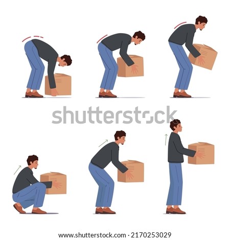 Correct and Incorrect Lift of Heavy Box, Health Care, Injury Prevention Concept. Man Stand Up with Cardboard Package in Hands. Male Character Back Safety Technique. Cartoon People Vector Illustration Royalty-Free Stock Photo #2170253029