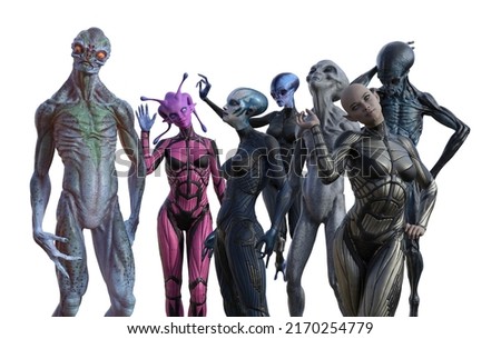 3d Illustration of a group of seven unique aliens in assorted poses on a white background.