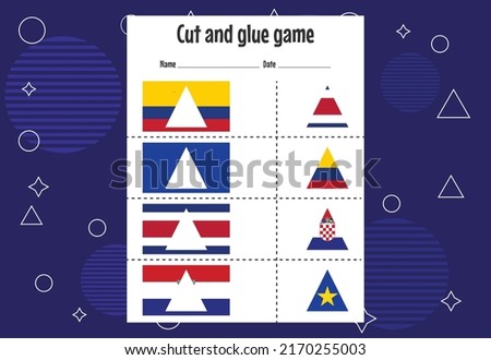 Cut and glue game for kids with country flag. Cutting practice for preschoolers.