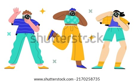 Male and female photographers stand in funny positions and take pictures or filming videos with cameras. World photography day. Full length characters. Flat hand drawn cartoon vector illustration Royalty-Free Stock Photo #2170258735
