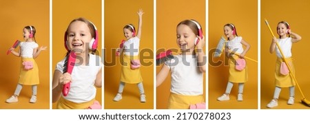 Collage with photos of funny little girl singing on orange background. Banner design