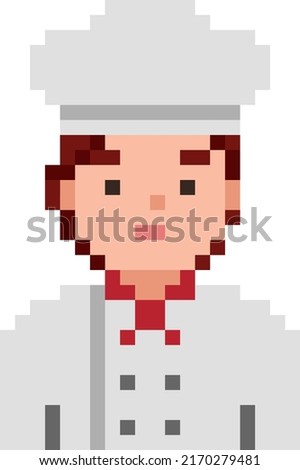 Chef isolated on white background. Female cook pixel game style illustration. Vector pixel art design. 8 bit character icon.