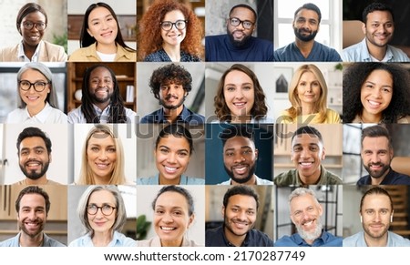 Virtual conference, webinar, online meeting video screen. Group of diverse employee, colleagues using app for video communication, virtual conference, looking at the camera. Collage of diverse people