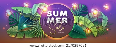 Summer big sale poster with tropic leaves and string of lights. Summer tropic leaves background. Vector illustration