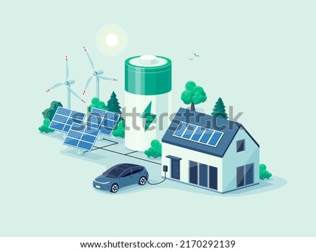 Home virtual battery energy storage with house photovoltaic solar panels plant, wind and rechargeable li-ion electricity backup. Electric car charging on renewable smart power island off-grid system. Royalty-Free Stock Photo #2170292139