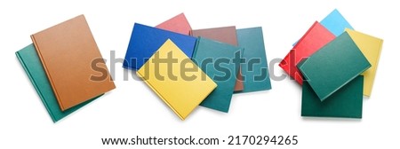  Set of different books on white background, top view
